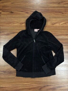 Y2K Juicy Couture Black Zip-Up Terry Cloth Hooded Sweater
